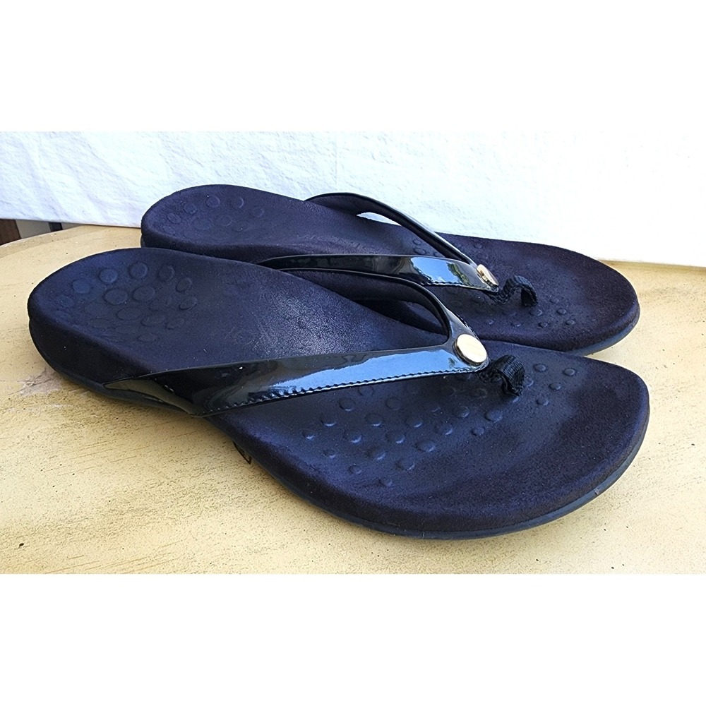 Vionic US 8 Black Leather Flip Flop Sandals Arch Support Minimalist Comfy